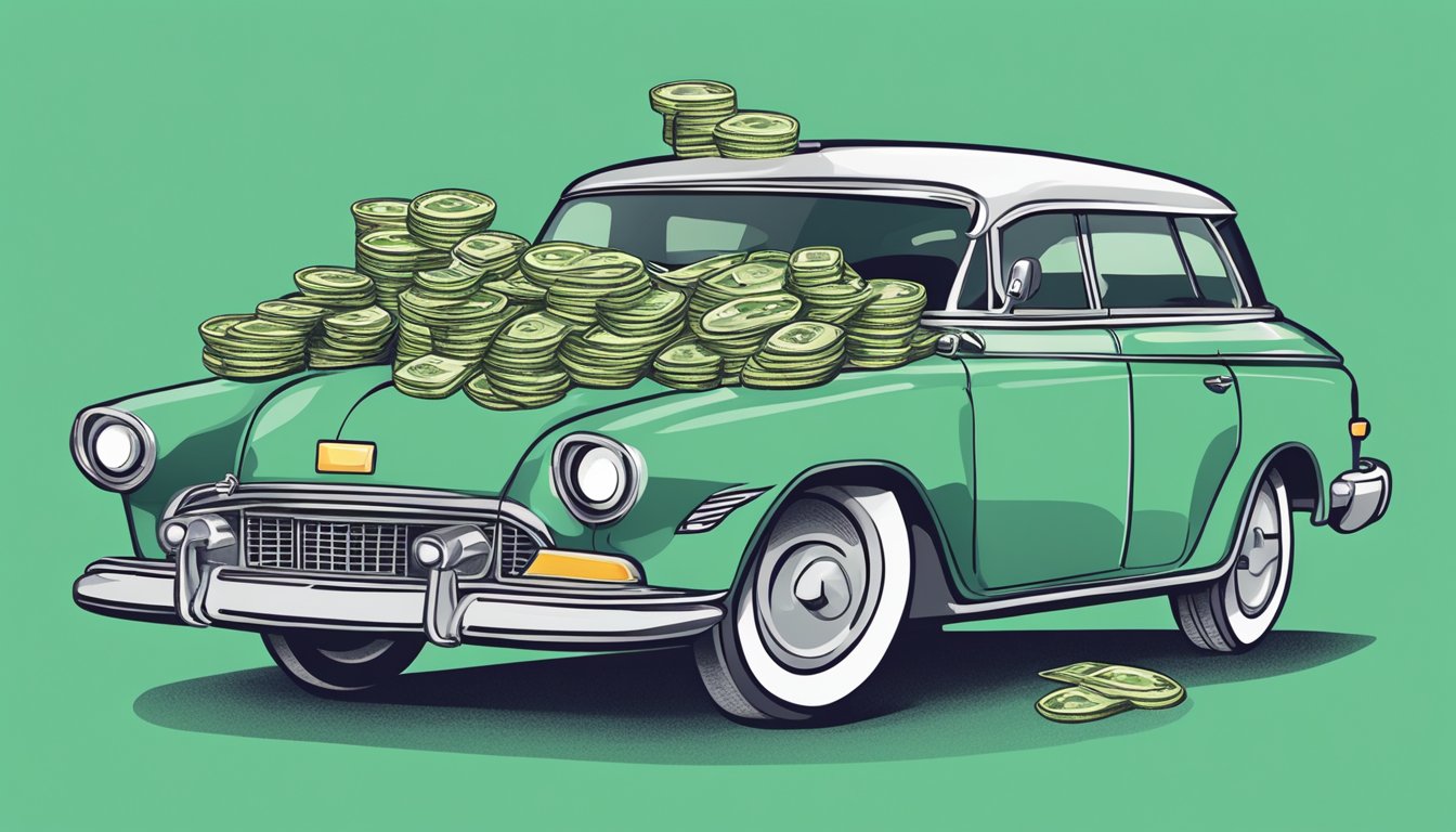A car and a stack of money with a question mark hovering above them, representing the choice between car loans and personal lines of credit