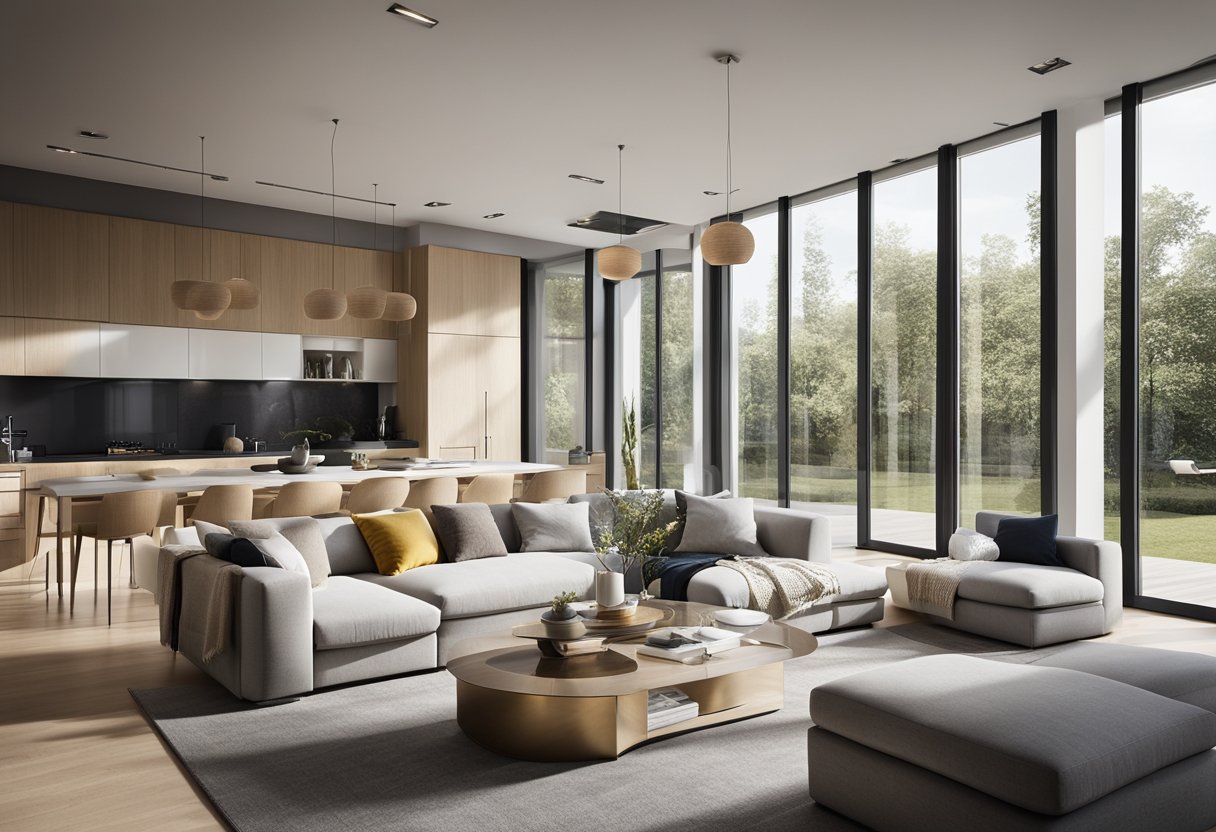 A spacious, open-concept living area with modular furniture and sliding partitions for flexible room configurations. Natural light floods the space through large windows, creating a bright and inviting atmosphere