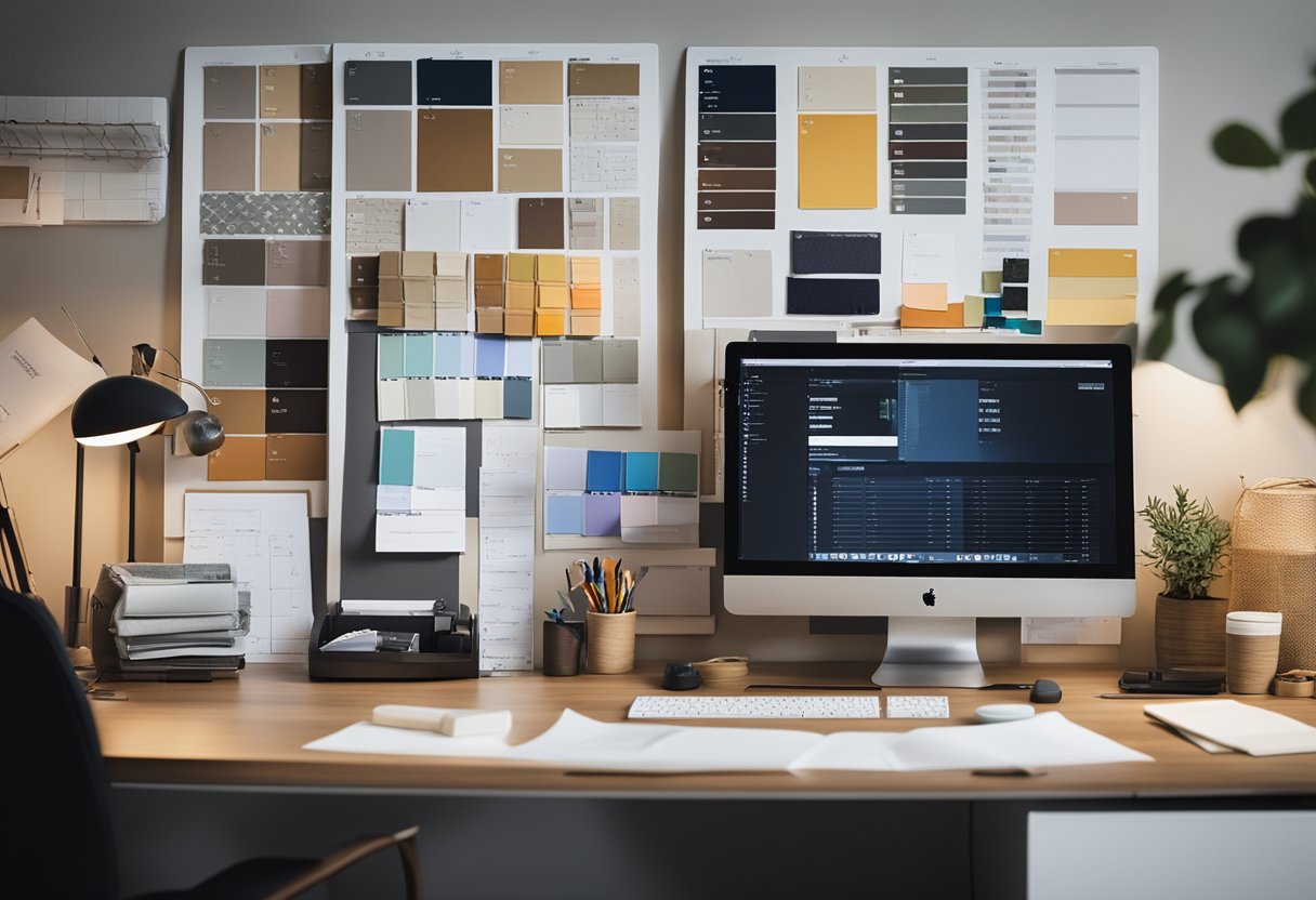 An organized desk with drafting tools, color swatches, and a computer displaying interior design software. A mood board and fabric samples are pinned to the wall
