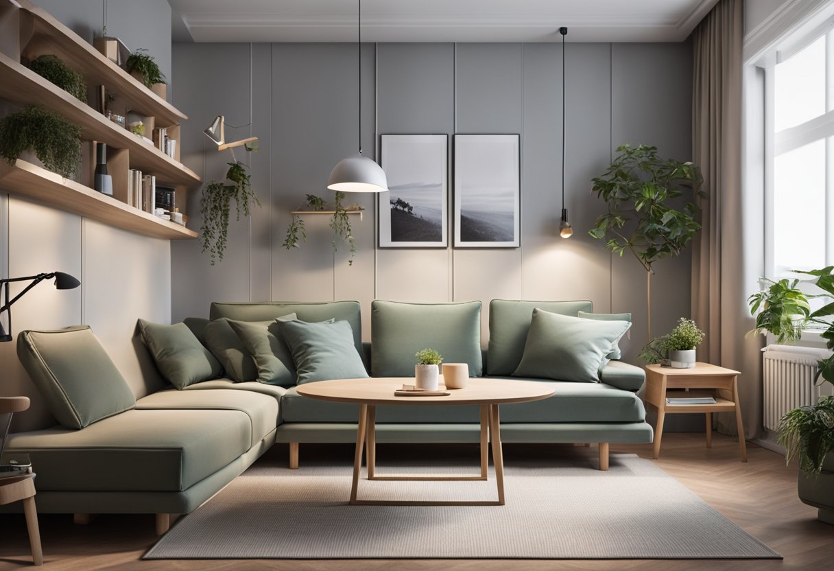 A cozy living room with a convertible sofa, a small dining area, and a compact study corner. The bedroom features a foldable bed, built-in storage, and a minimalist color scheme