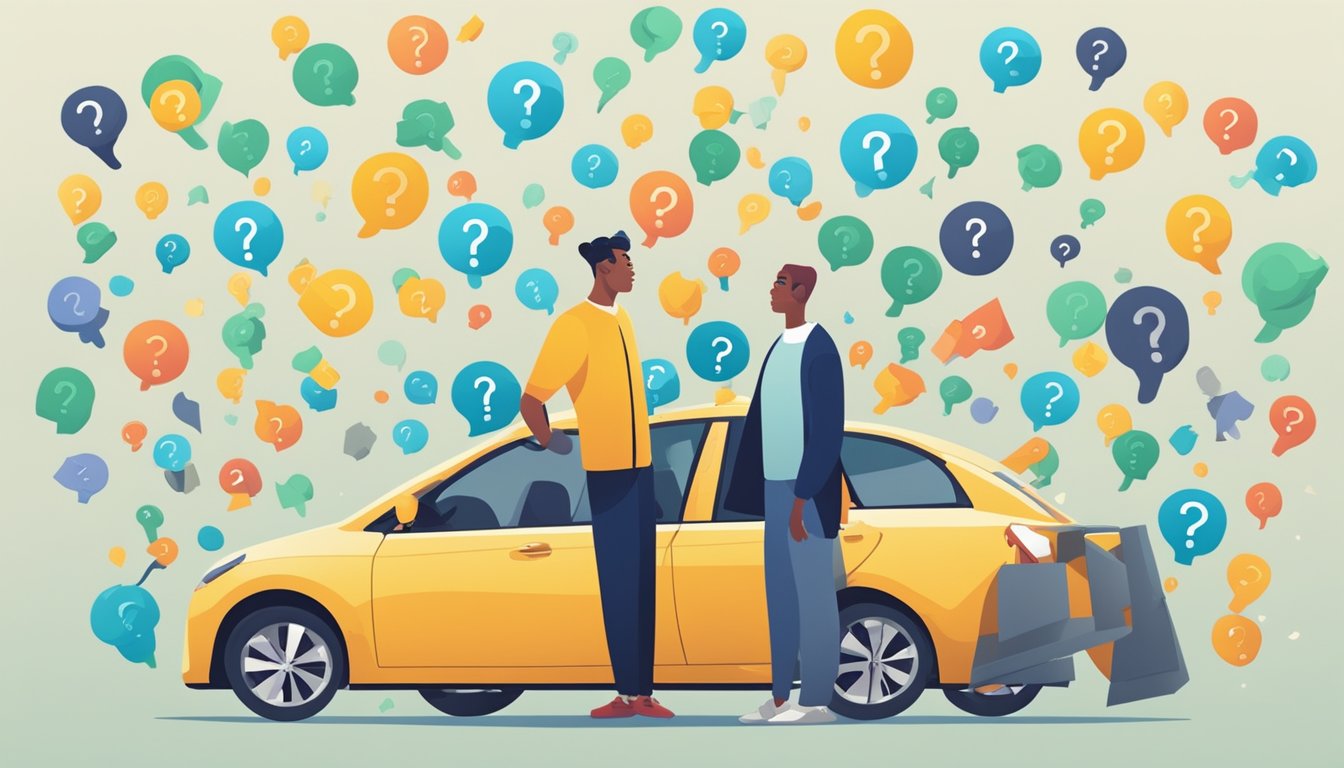 A person comparing interest rates on personal and car loans with a puzzled expression, surrounded by floating question marks