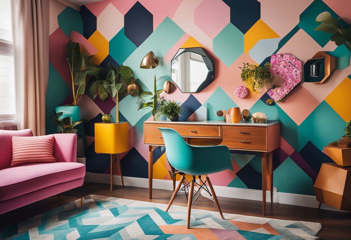 A room with mismatched furniture, vibrant colors, and quirky decor. Unconventional patterns and textures clash in a playful, whimsical atmosphere