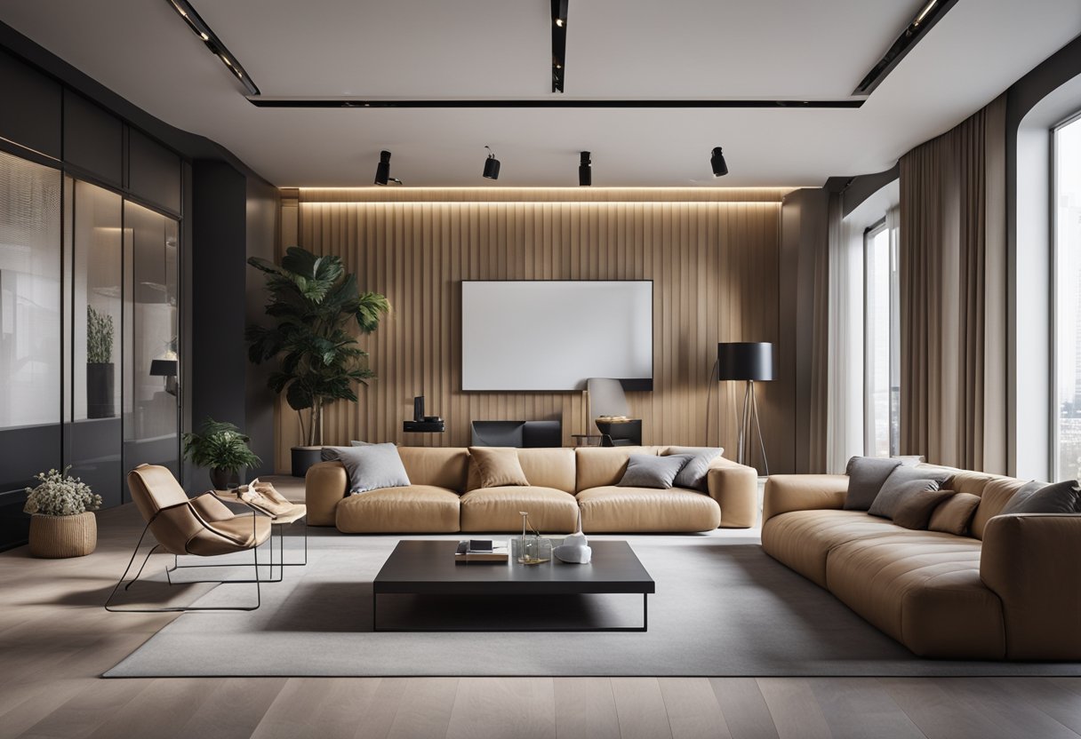A modern, minimalist interior with a large FAQ scale as the focal point, surrounded by sleek furniture and clean lines
