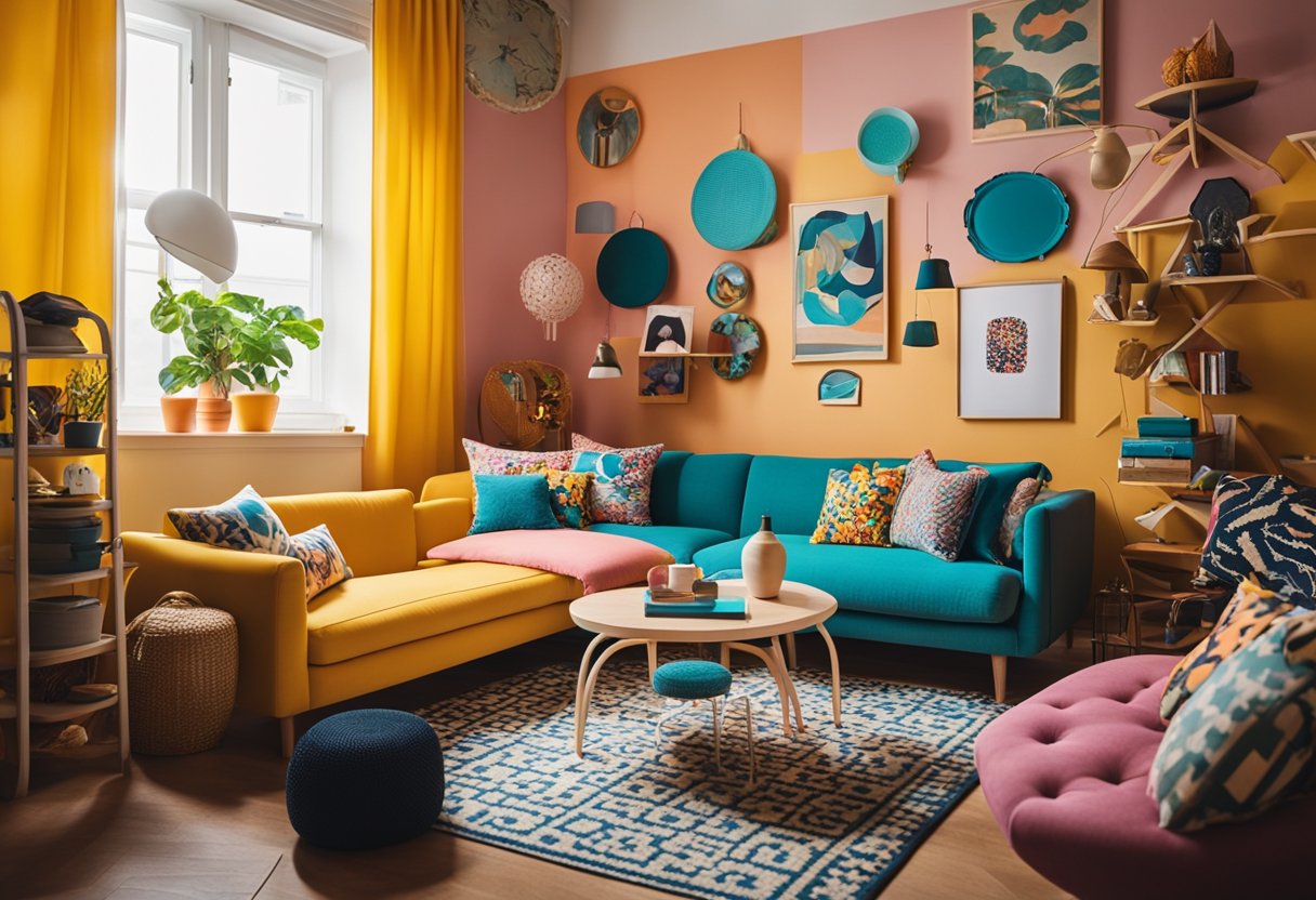 A room filled with mismatched furniture, bright colors, and quirky decor. Unconventional patterns clash in a playful, chaotic harmony