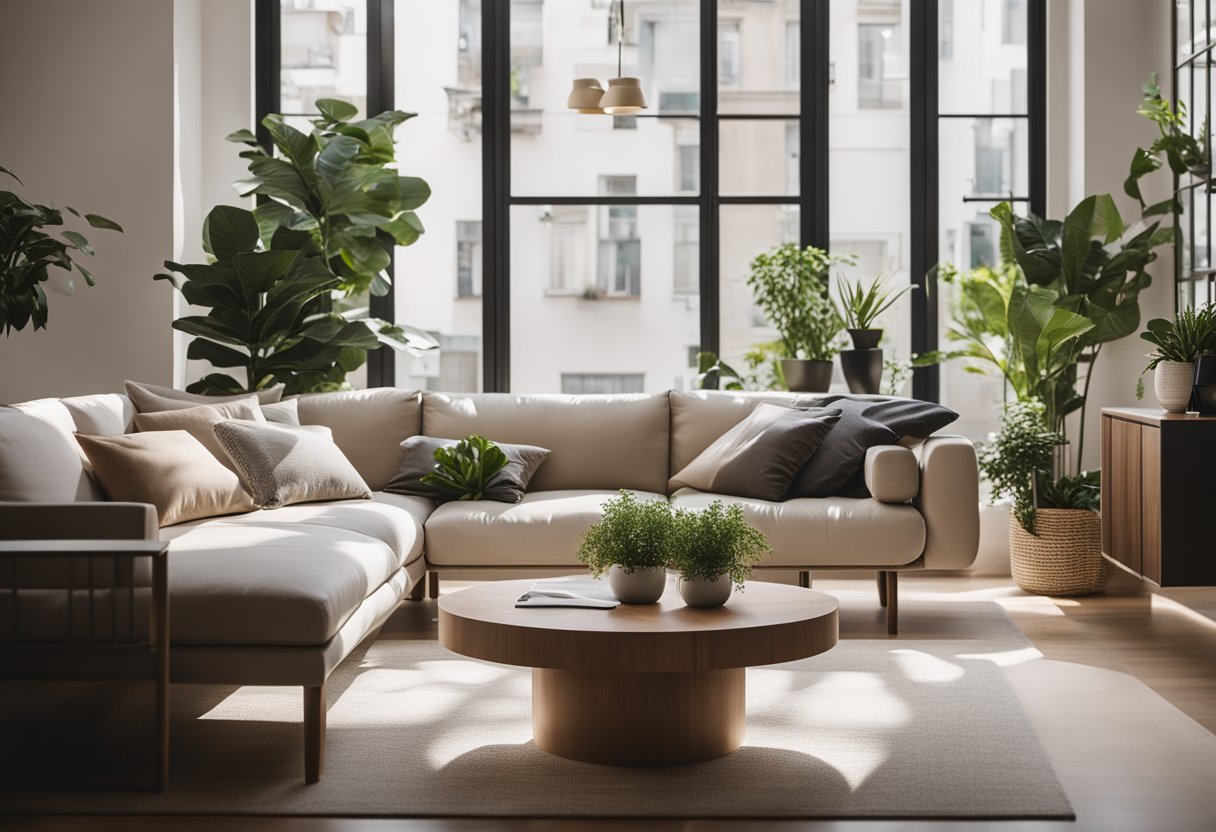 A cozy living room with modern furniture, soft lighting, and plants. Clean lines and neutral colors create a minimalist yet welcoming atmosphere