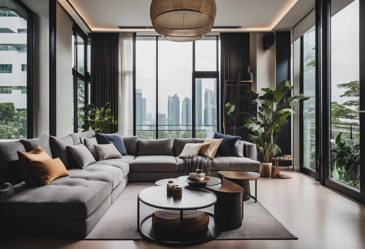 A cozy living room with stylish furniture and tasteful decor, featuring affordable yet high-quality interior design in Singapore