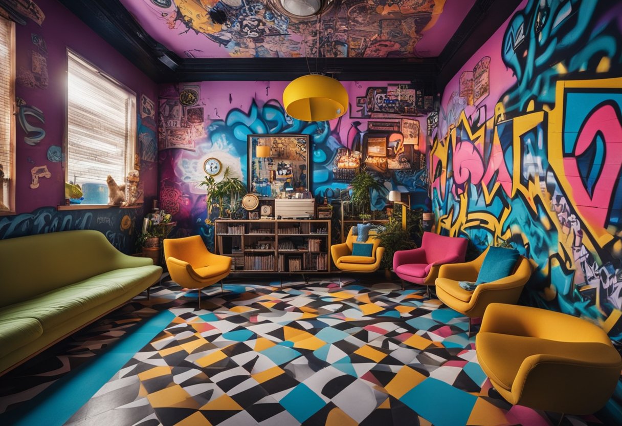 A room with mismatched furniture, bold colors, and quirky decor. Walls covered in graffiti-style FAQs. Funky lighting and eccentric patterns add to the wacky atmosphere