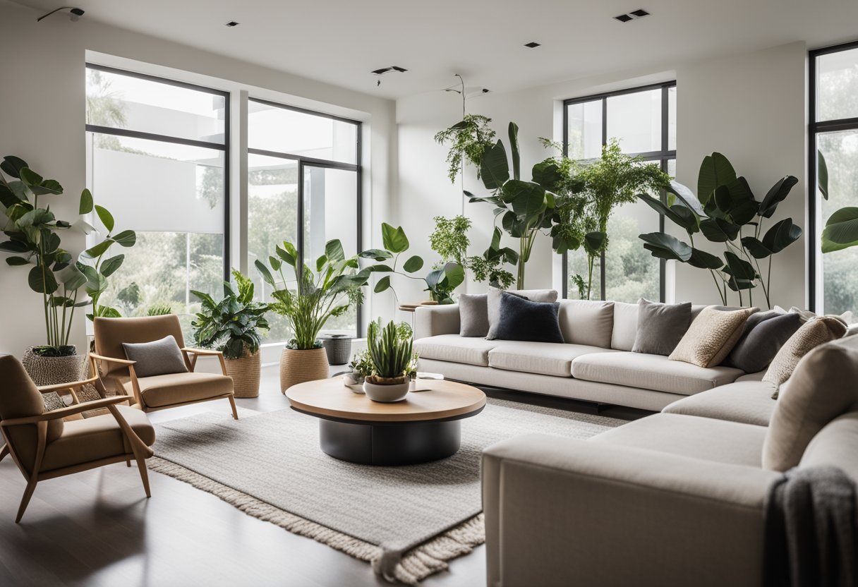 A modern living room with clean lines, neutral colors, and a pop of color in the accent pieces. A large window lets in natural light, and there are plants and artwork to add visual interest