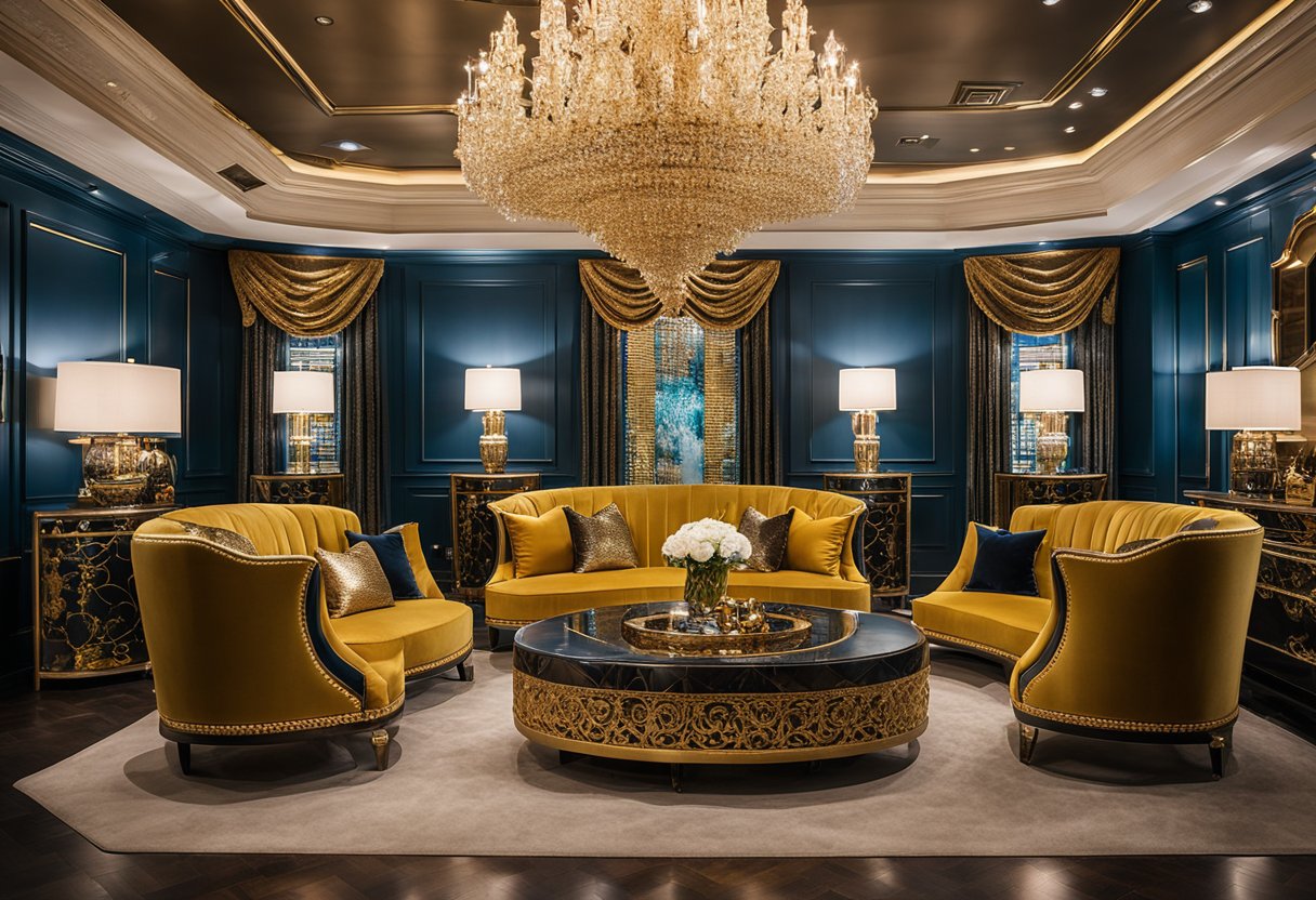 The treasure crest interior design features ornate gold accents, plush velvet furnishings, and sparkling crystal chandeliers. Rich jewel tones and intricate patterns adorn the walls and upholstery, creating a luxurious and opulent atmosphere