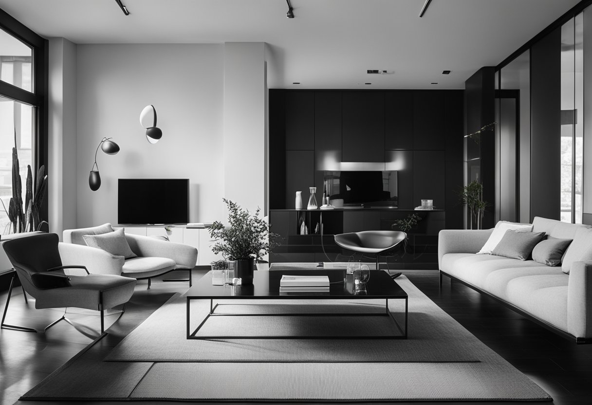 A black and white house interior with sleek, modern furniture and minimalist decor