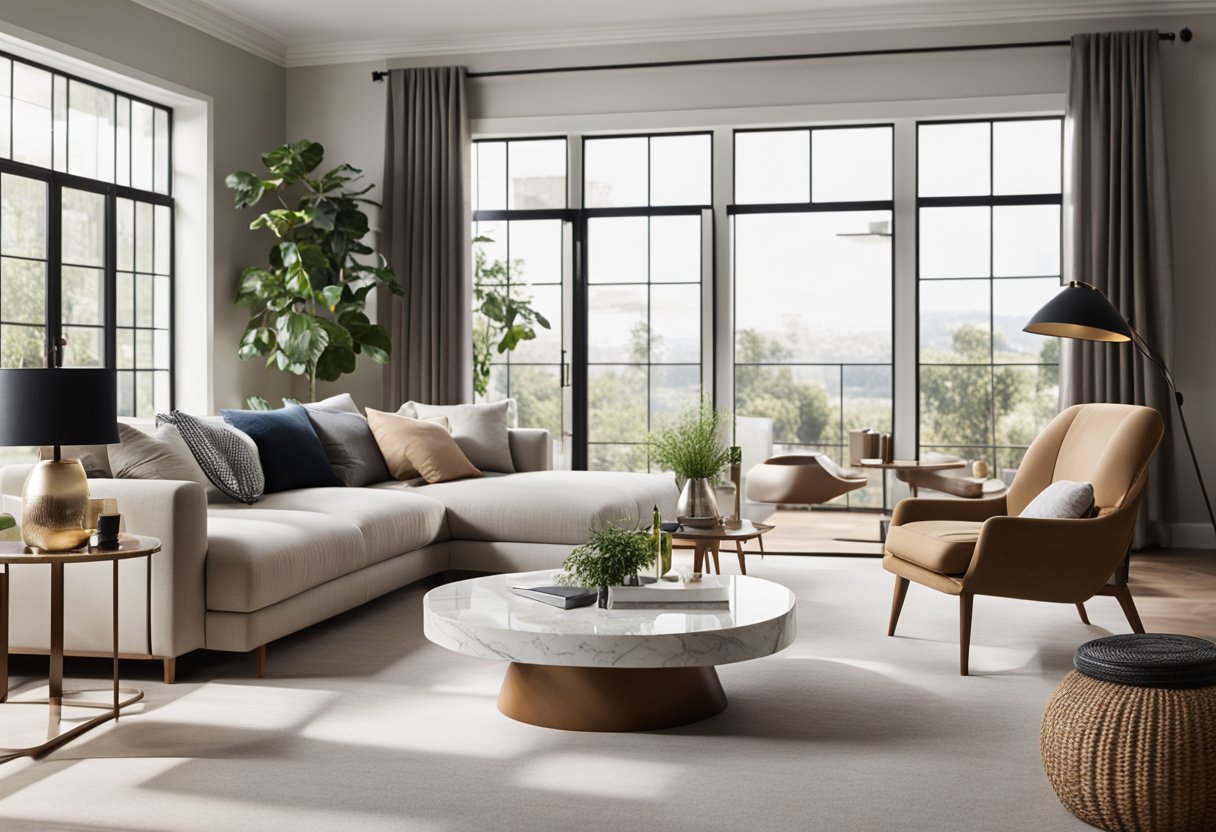 A stylish living room with modern furniture, a cozy reading nook, and a sleek kitchen with marble countertops. Bright natural light streams in through large windows, illuminating the space