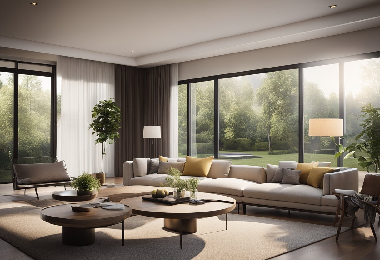 A spacious living room with modern furniture and large windows overlooking a serene garden. A cozy fireplace and warm lighting create a welcoming atmosphere