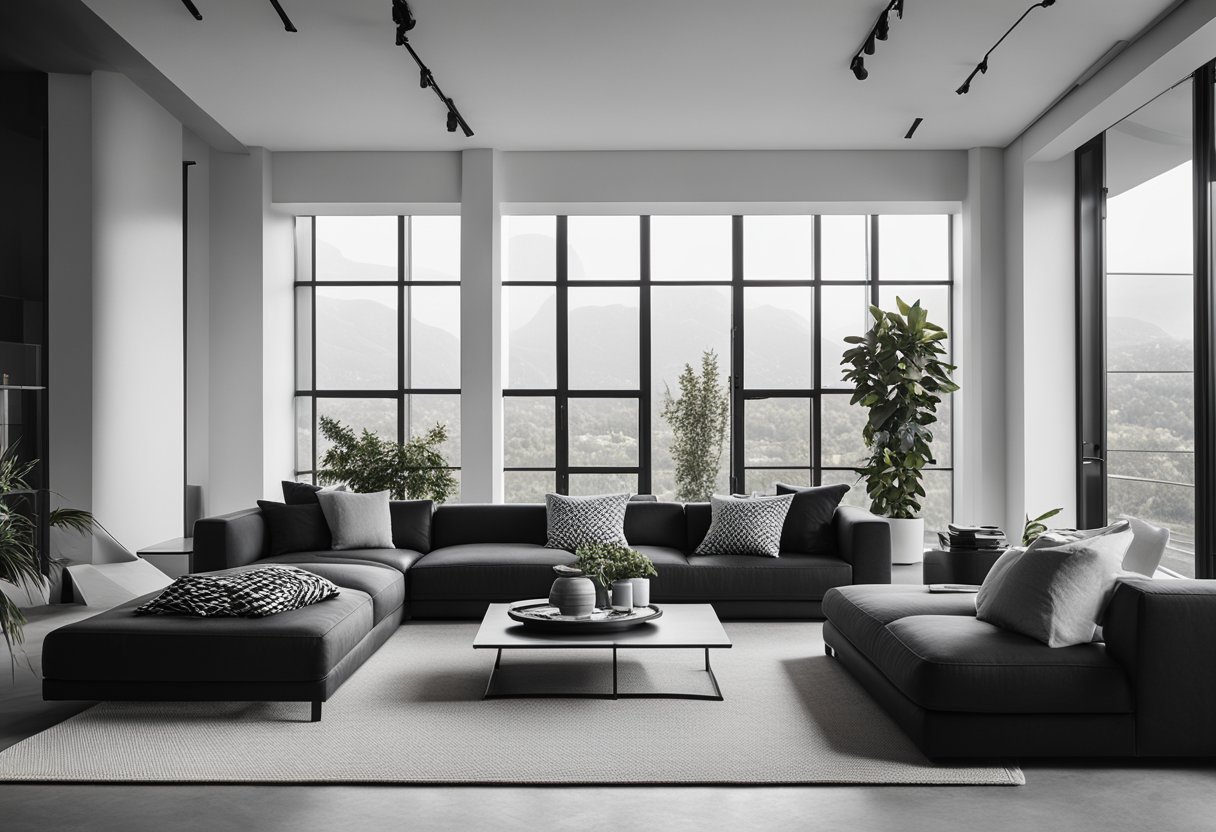 A sleek black and white living room with geometric patterns, minimalist furniture, and natural light streaming in through large windows