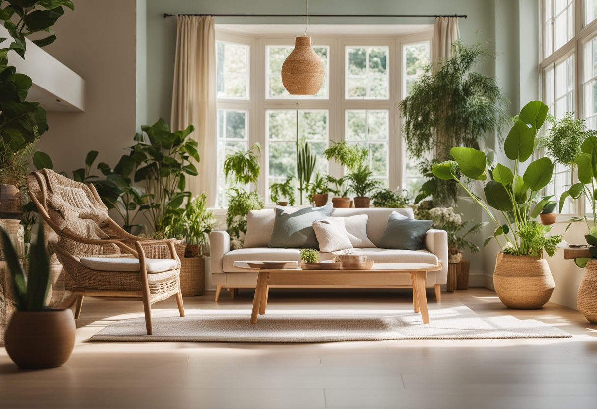A bright, airy room with natural materials, energy-efficient lighting, and indoor plants. Recycled furniture and eco-friendly textiles complete the sustainable interior design