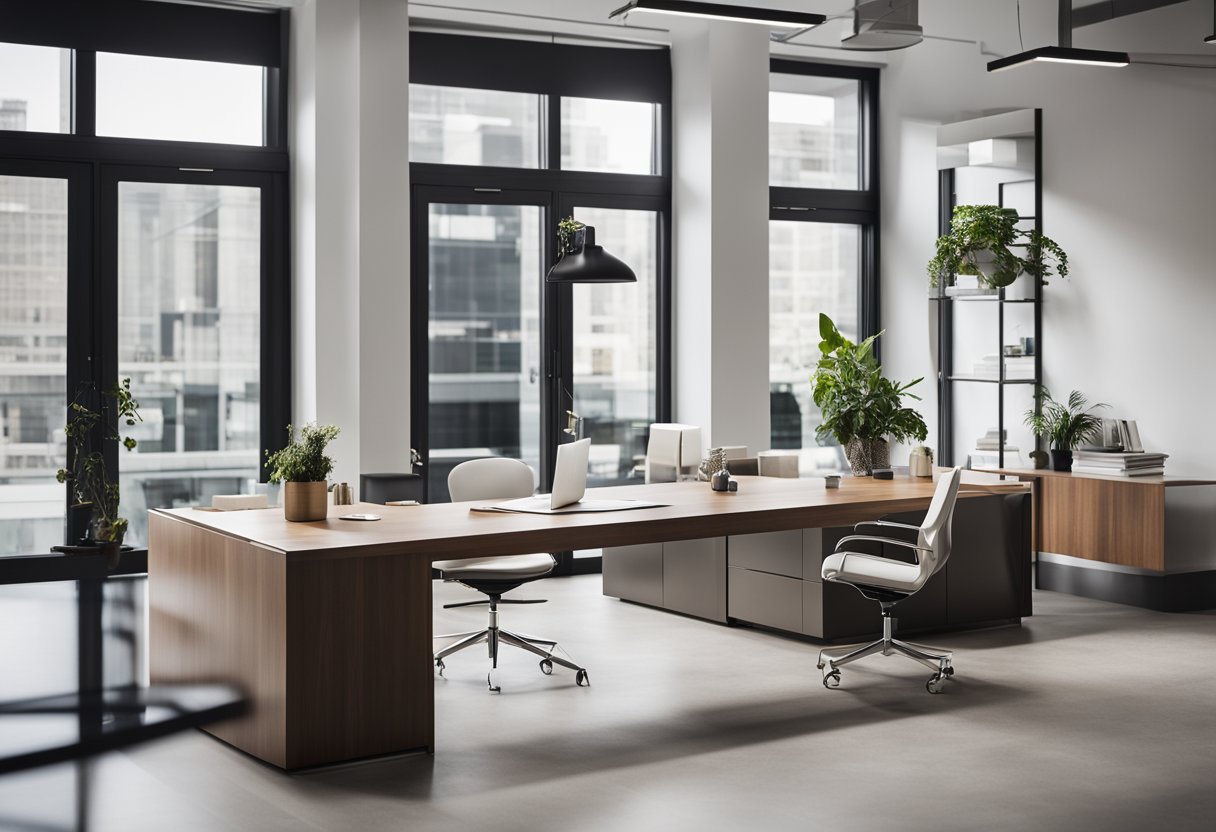 A sleek, modern office space with a minimalist desk showcasing an open interior design portfolio template. Bright natural light floods the room, highlighting the clean lines and elegant design elements