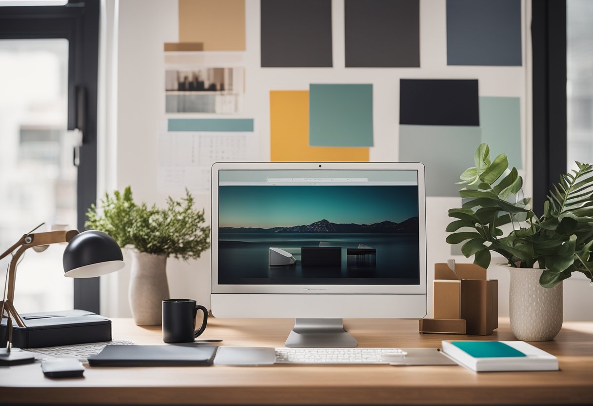 A clean, modern desk with a laptop, sketchbook, and interior design samples. A mood board and color swatches adorn the wall behind