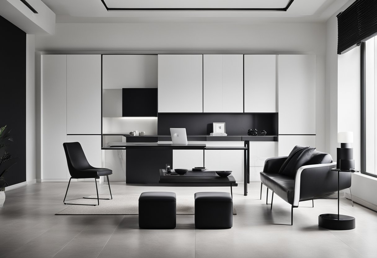 The room features contrasting black and white elements, with clean lines and minimalistic furniture. The walls are painted white, while the furniture and decor are predominantly black, creating a sleek and modern aesthetic