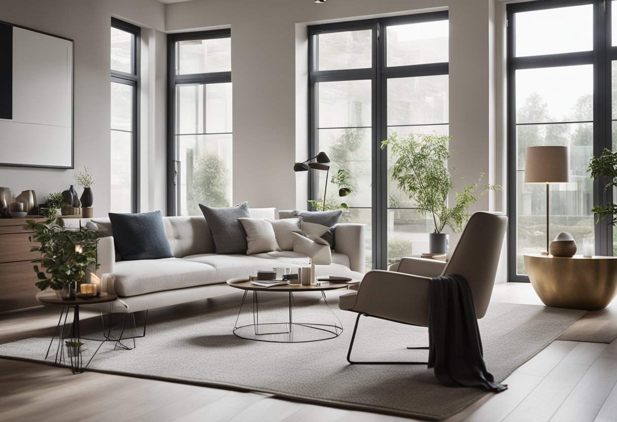 A modern semi-detached interior with minimalist furniture, clean lines, and neutral colors. Large windows let in natural light, illuminating the space