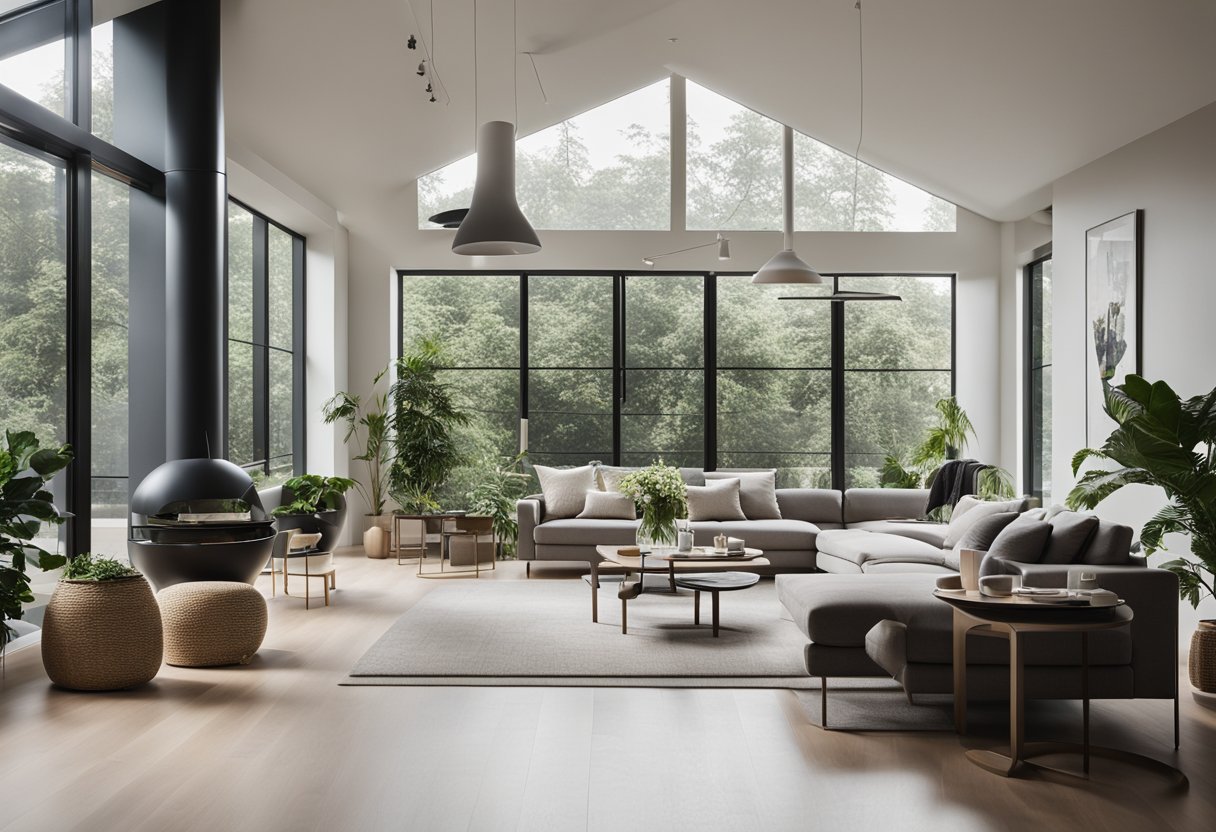 A modern, open-plan living area with sleek furniture, neutral tones, and natural light streaming in through large windows. A minimalist, yet cozy space with clean lines and a touch of greenery