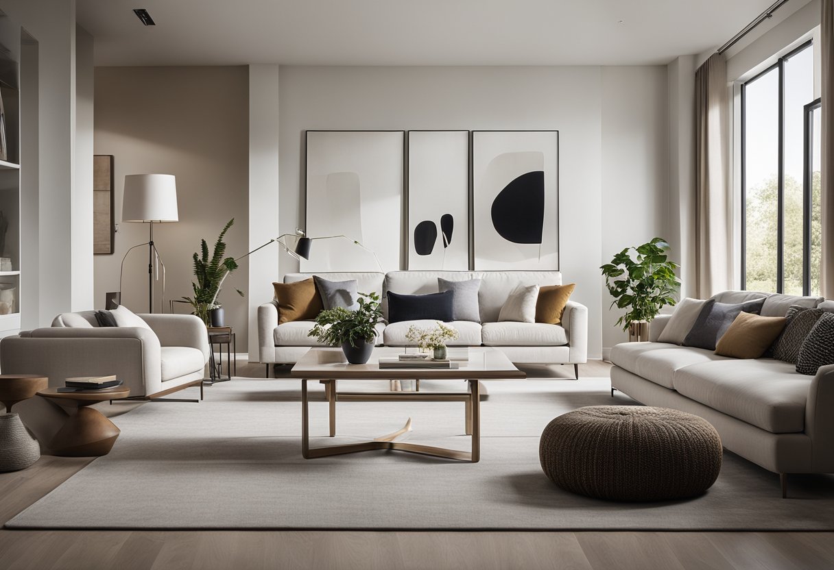 A spacious, open-concept living room with minimalist furniture, clean lines, and neutral colors. Large windows let in natural light, and modern art pieces adorn the walls