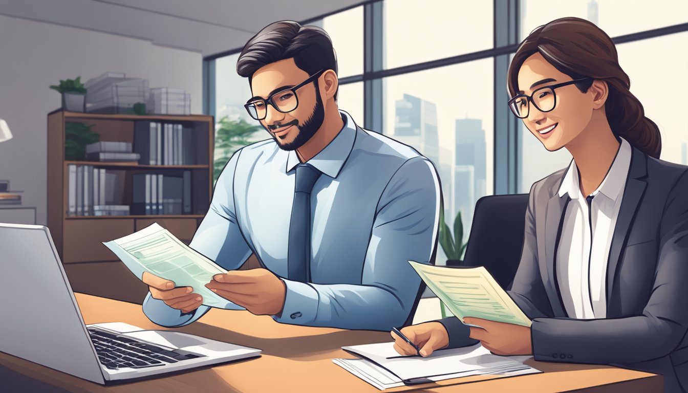 A personal loan broker in Singapore assists a client with paperwork and financial advice in a modern office setting