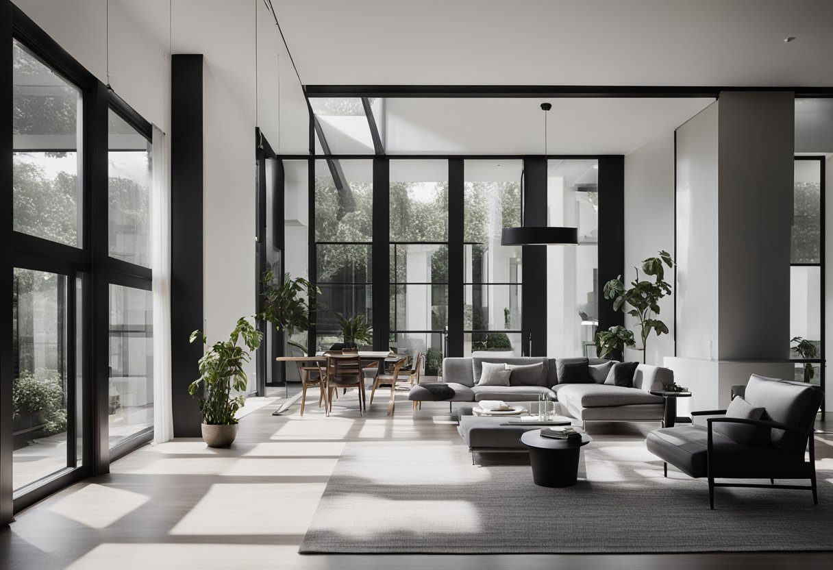 A modern black and white house interior with clean lines, minimal furniture, and natural light streaming in through large windows