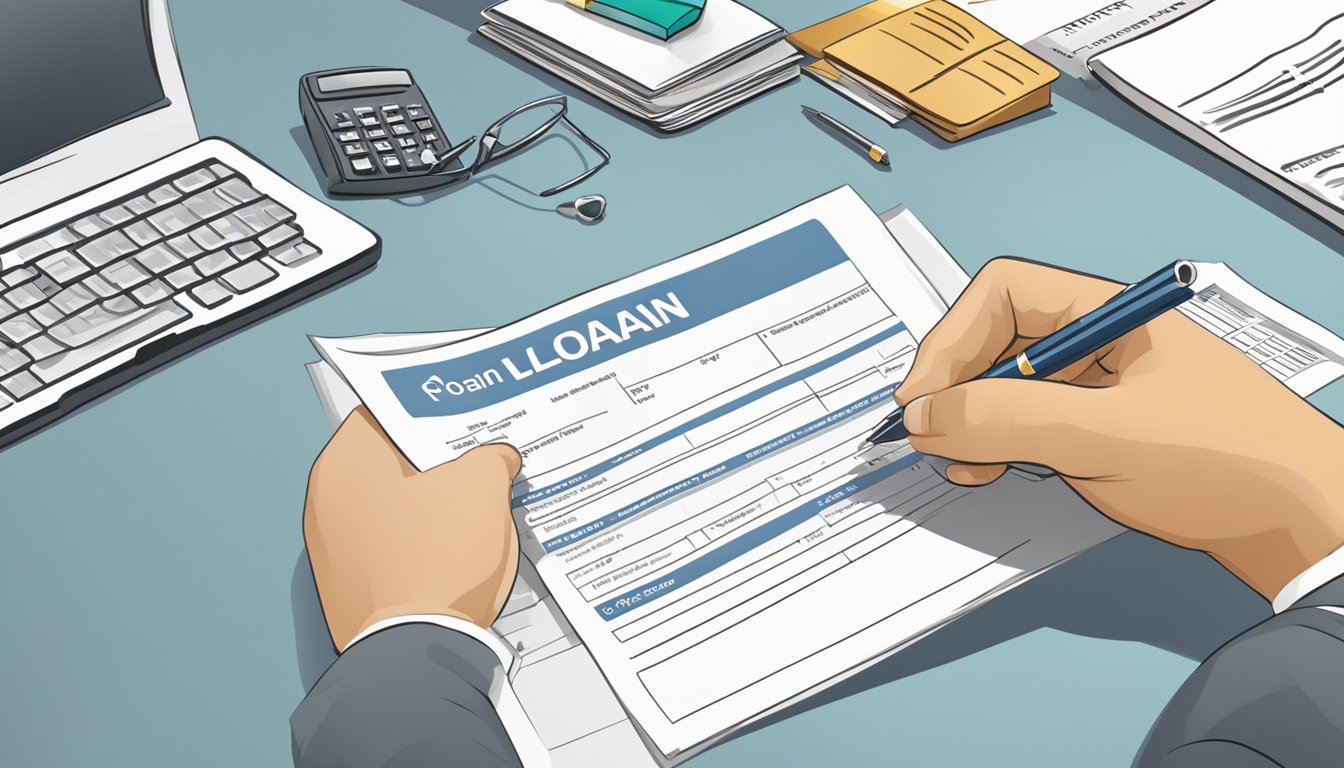 A person filling out a loan application form at a bank or financial institution