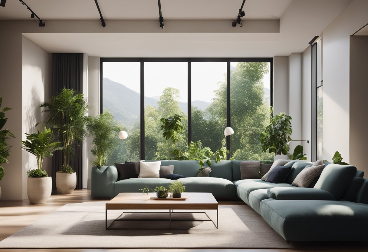 A modern living room with sleek furniture, warm lighting, and minimalist decor. A large window lets in natural light, and plants add a touch of greenery