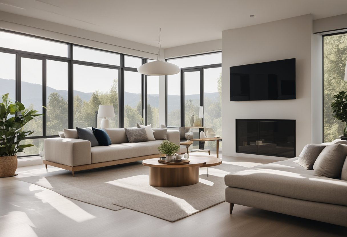 A spacious living room with clean lines, minimalistic furniture, and neutral color palette. Large windows allow natural light to fill the room, creating a bright and airy atmosphere
