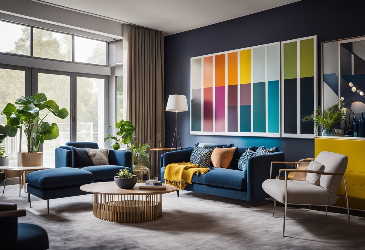 A modern living room with vibrant colors and sleek furniture, accented by Dulux paint swatches and stylish decor