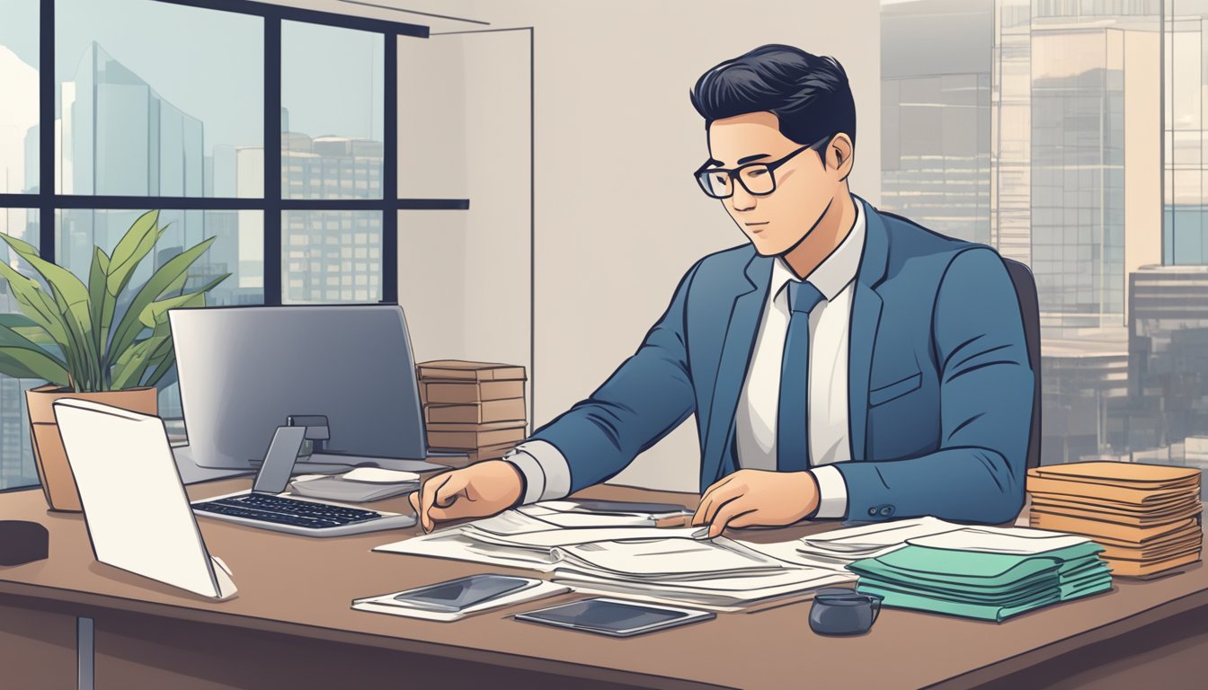 A personal loan broker in Singapore discusses options with a client, surrounded by financial documents and a computer