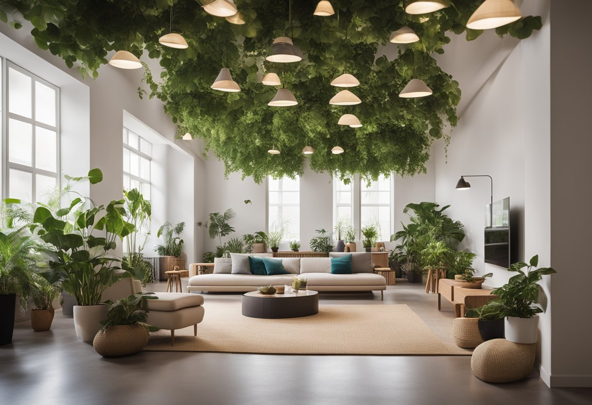 A room with energy-efficient lighting, recycled materials, and indoor plants for air purification. Sustainable furniture and non-toxic paint contribute to a healthy environment
