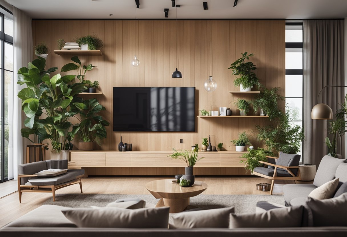 A modern, eco-friendly living room with natural materials, energy-efficient lighting, and indoor plants. A wall display showcases sustainable design principles
