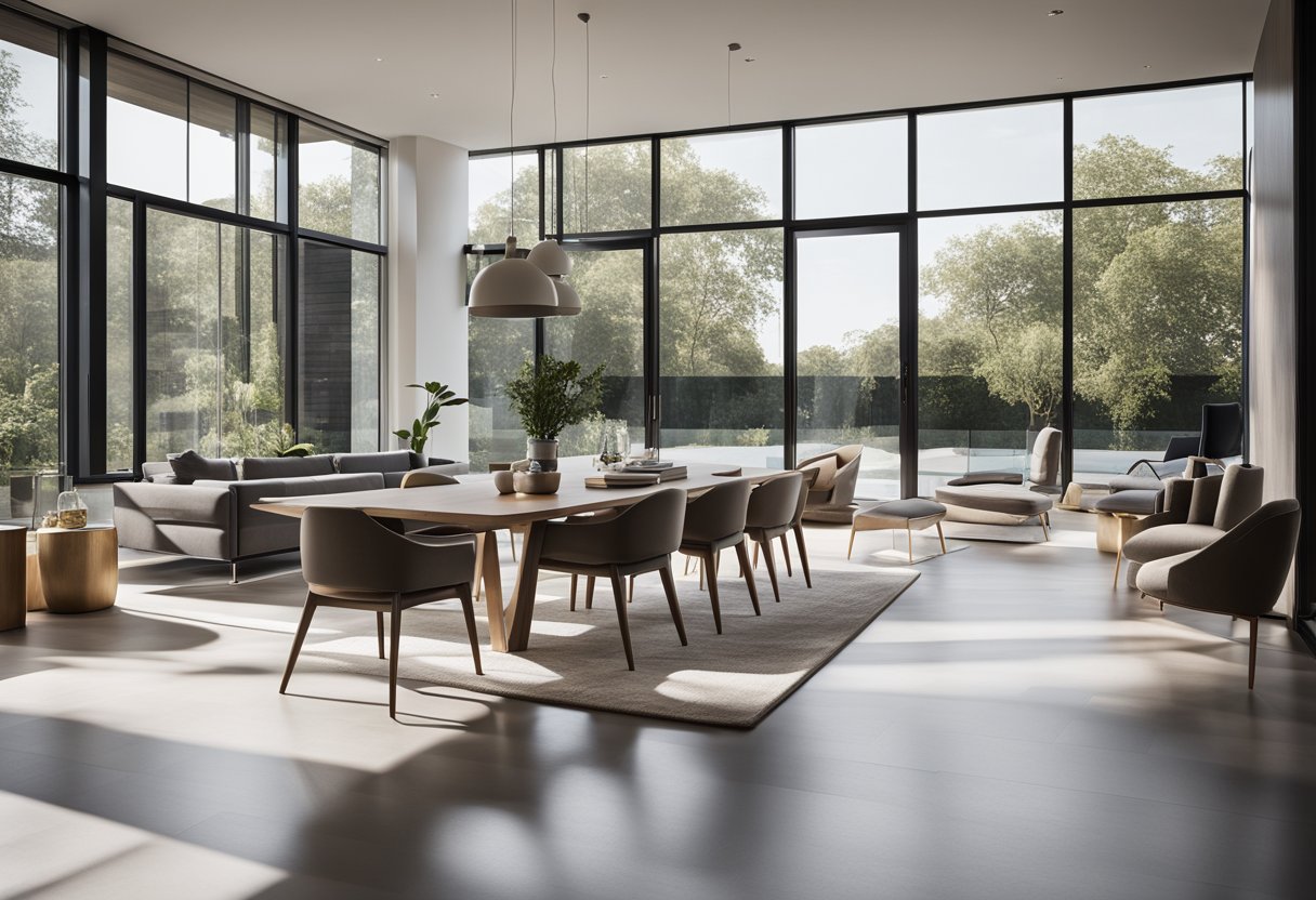 A sleek, open-plan living space with minimalist furniture and clean lines. Natural light floods in through large windows, highlighting the functionality of the space. A neutral color palette creates a sense of calm and sophistication