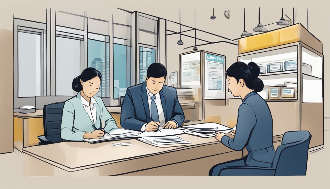 A person sitting at a desk, signing paperwork for a China Bank personal loan. A bank employee assists with the process. The bank's logo is prominently displayed