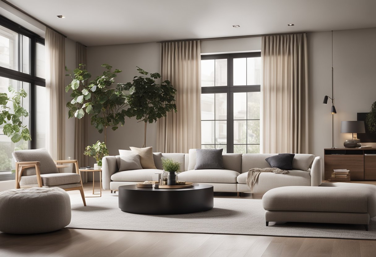 A modern living room with sleek furniture, clean lines, and minimalist decor. A large window lets in natural light, and a neutral color palette creates a sense of calm and sophistication
