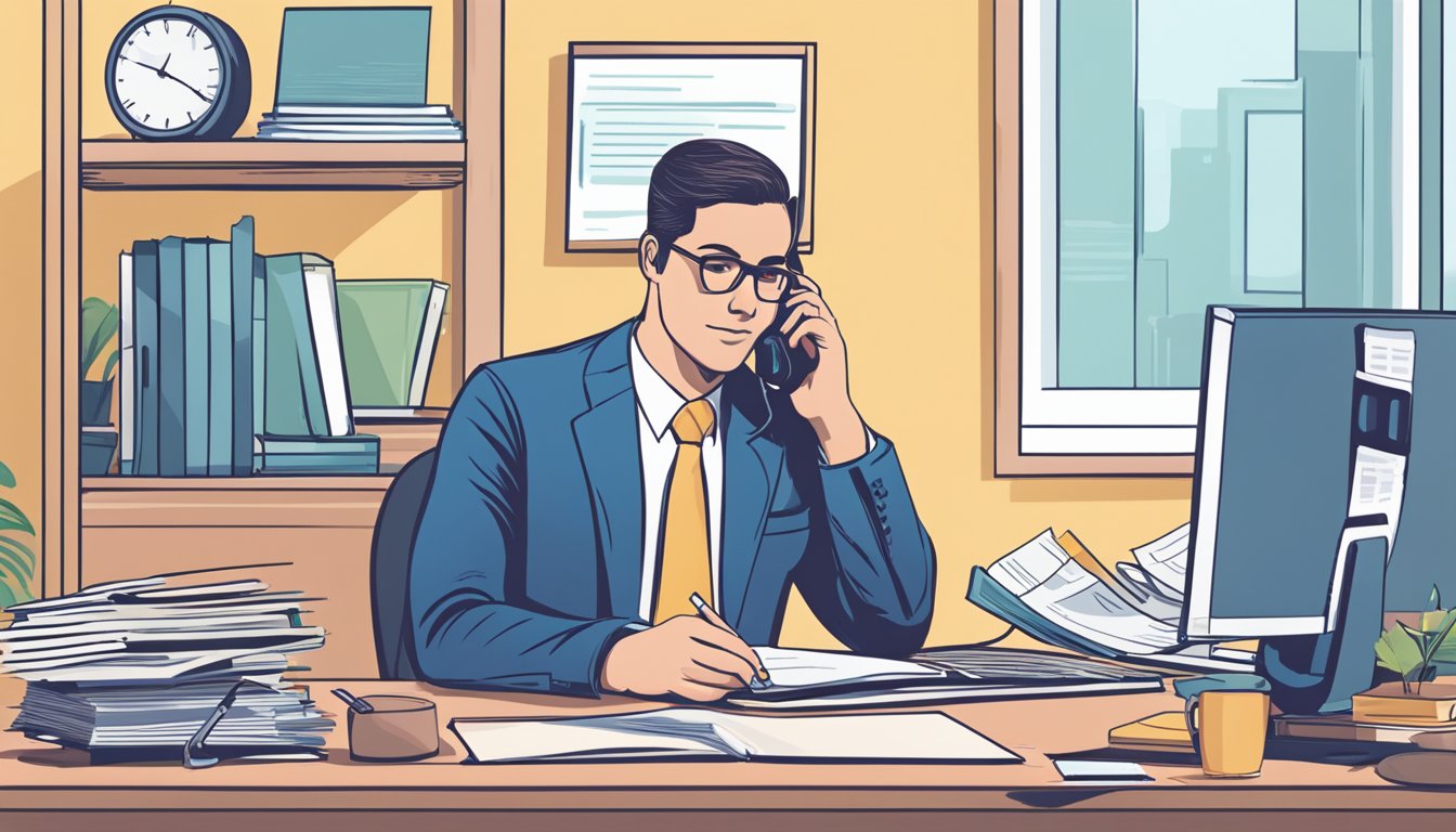 A personal loan broker sits at a desk, surrounded by paperwork and a computer. They are speaking on the phone, providing personalized advice to a client