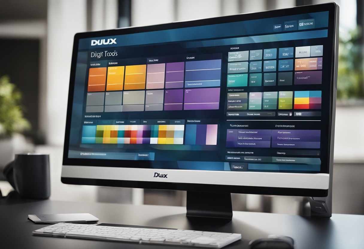 A computer screen displaying Dulux Digital Tools and Account Management for interior design. Color swatches and design options are visible on the screen