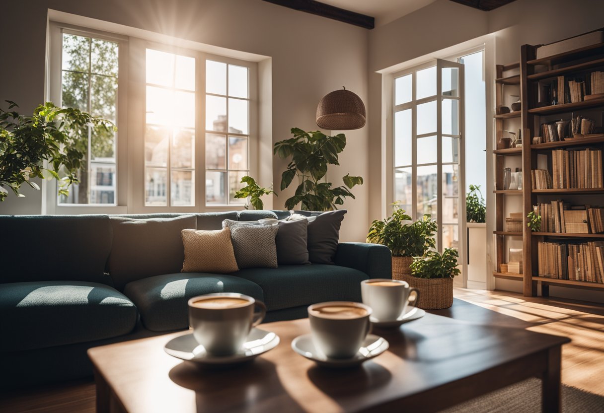 A cozy living room with a bookshelf, a comfortable sofa, and a large window with sunlight streaming in. A table with a cup of coffee and a laptop sits nearby