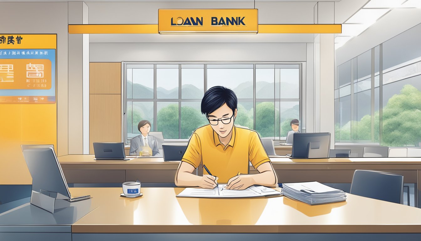 A customer sitting at a desk, filling out a loan application form at a China Bank branch. The bank logo is prominently displayed in the background