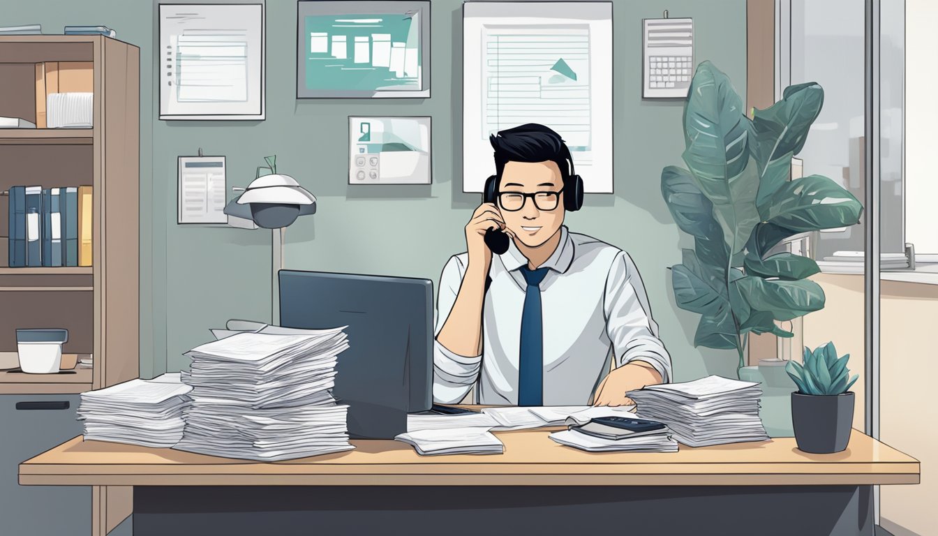 A person sitting at a desk, surrounded by paperwork and a computer, speaking on the phone with a client. A sign on the wall reads "Frequently Asked Questions Personal Loan Broker Singapore."