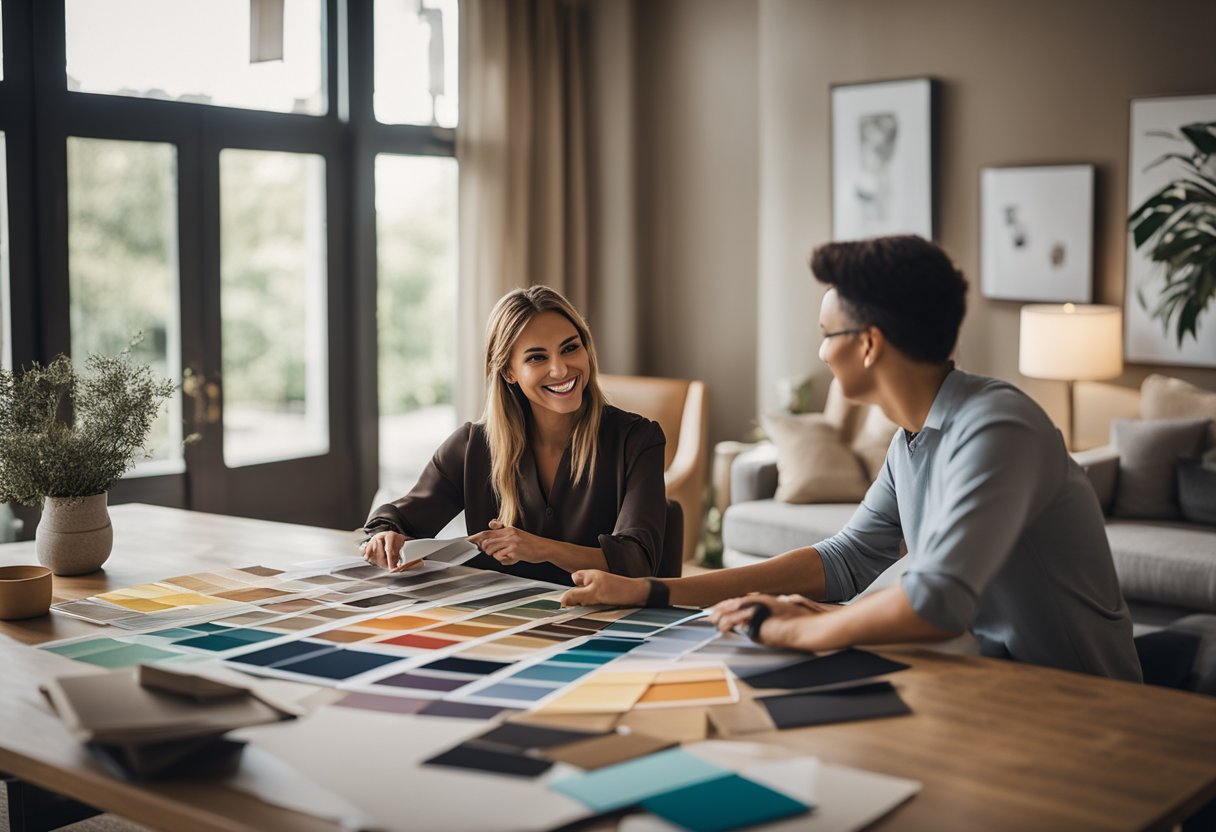 An interior designer and a client sit in a cozy, well-lit room, discussing color swatches and fabric samples spread out on a table. A mood board and floor plans are visible nearby