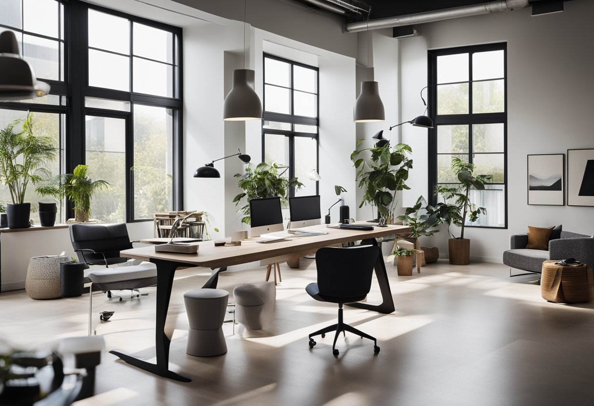 A modern, sleek interior design studio with clean lines, minimalist furniture, and pops of color. Large windows let in natural light, showcasing the studio's creativity