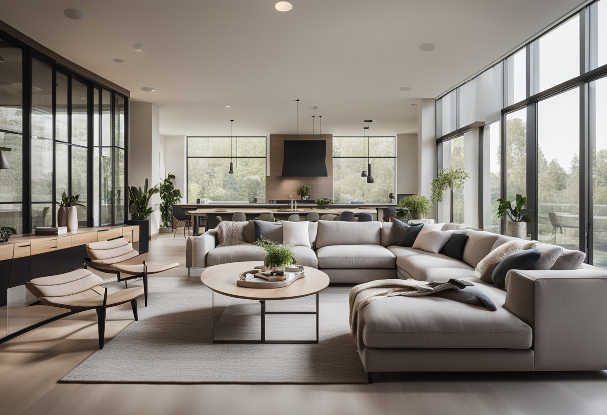 An open-concept living room with modern furniture, a neutral color palette, and plenty of natural light streaming in from large windows