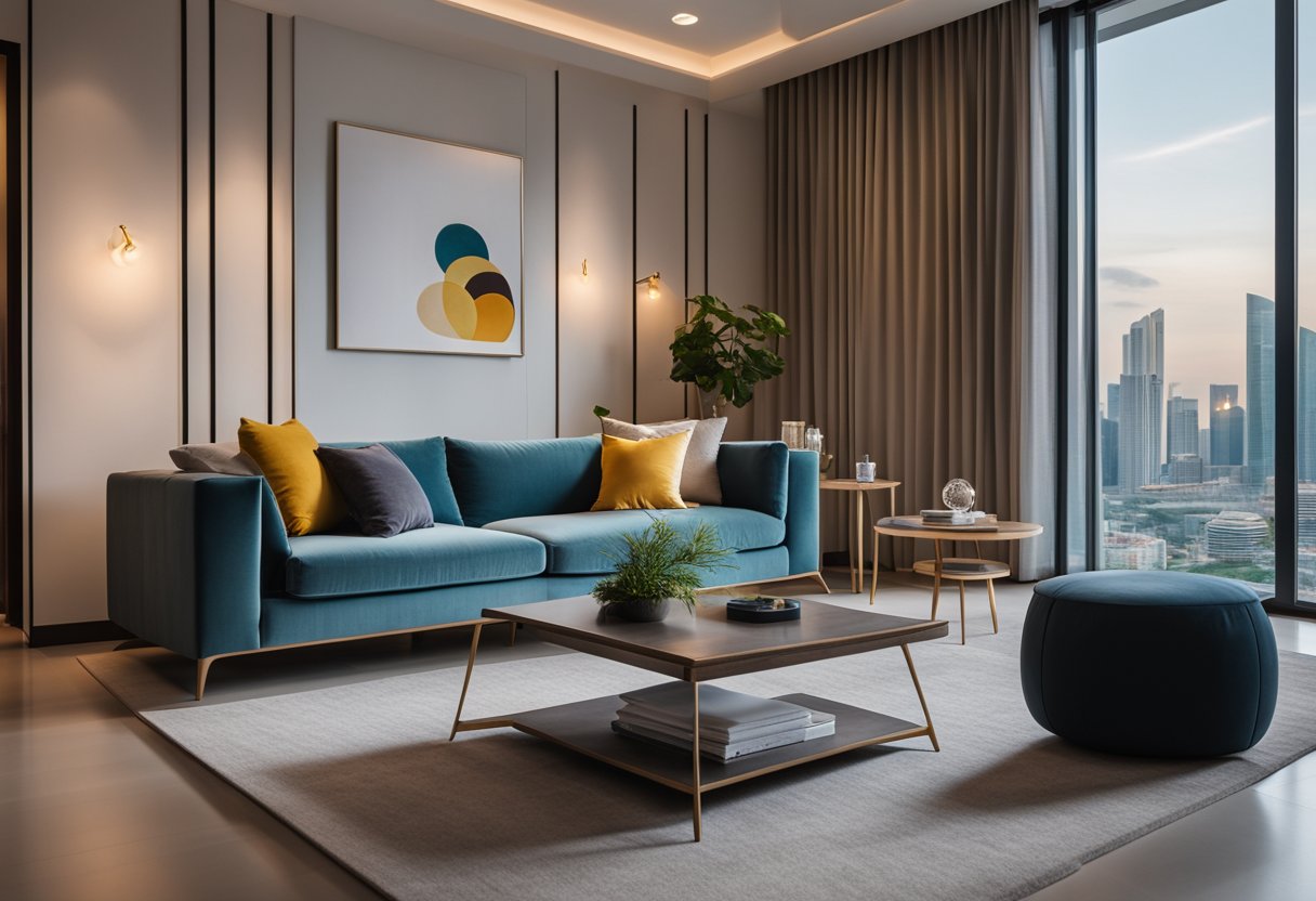 A cozy living room with modern furniture and warm lighting. A sleek, minimalist design with pops of color. A Singapore skyline painting adds a local touch