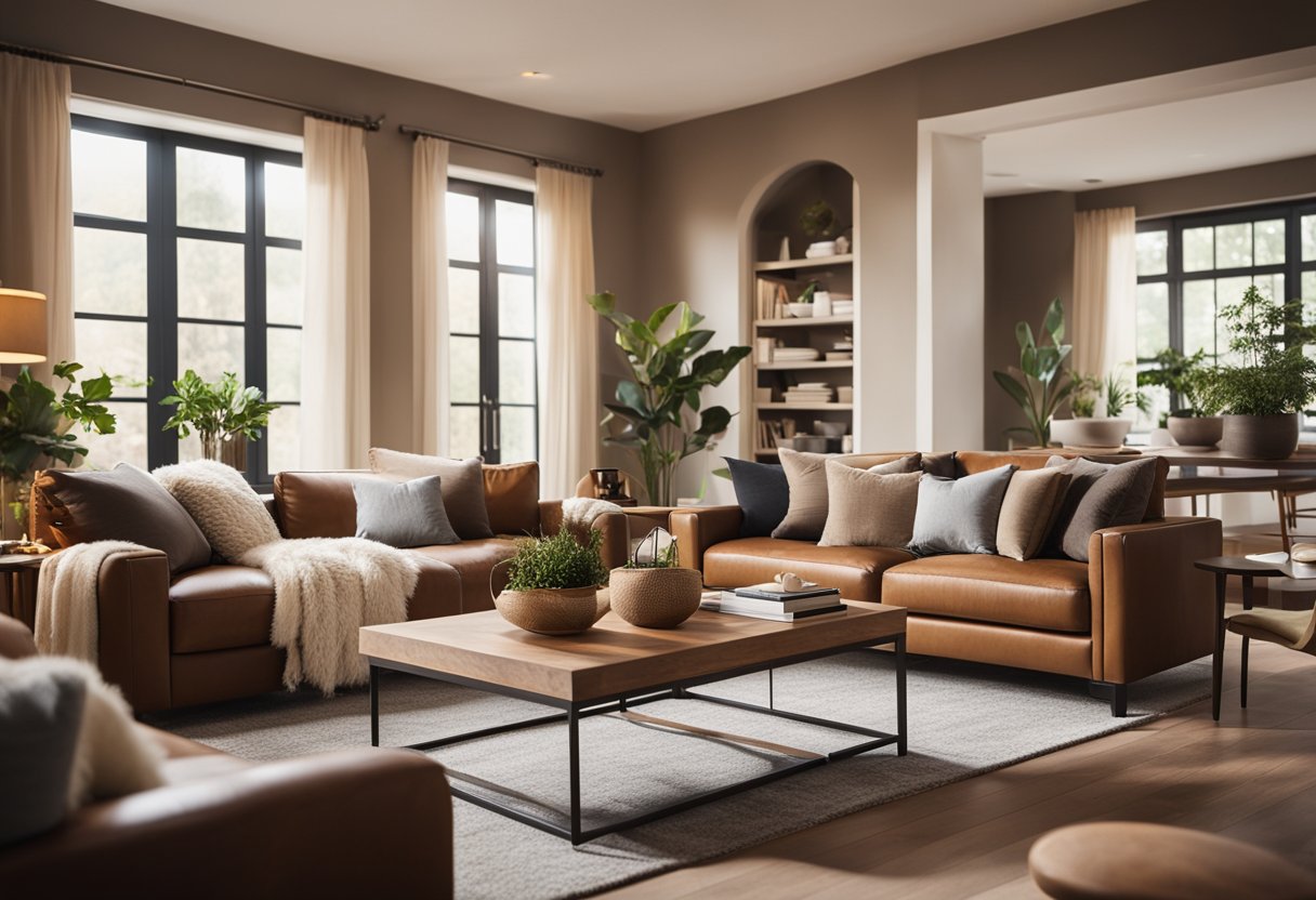 A cozy living room with warm earth tones, soft lighting, and plush furniture arranged in a welcoming and harmonious layout