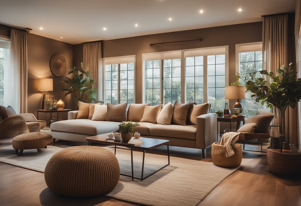 A cozy living room with warm earth tones, soft lighting, and comfortable furniture arranged in a harmonious and inviting layout