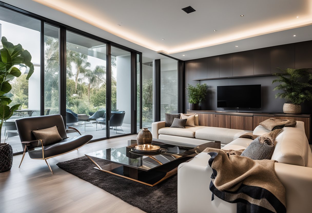 A modern living room with sleek furniture, metallic accents, and a variety of textures like leather, glass, and wood. A neutral color palette with pops of bold, vibrant hues
