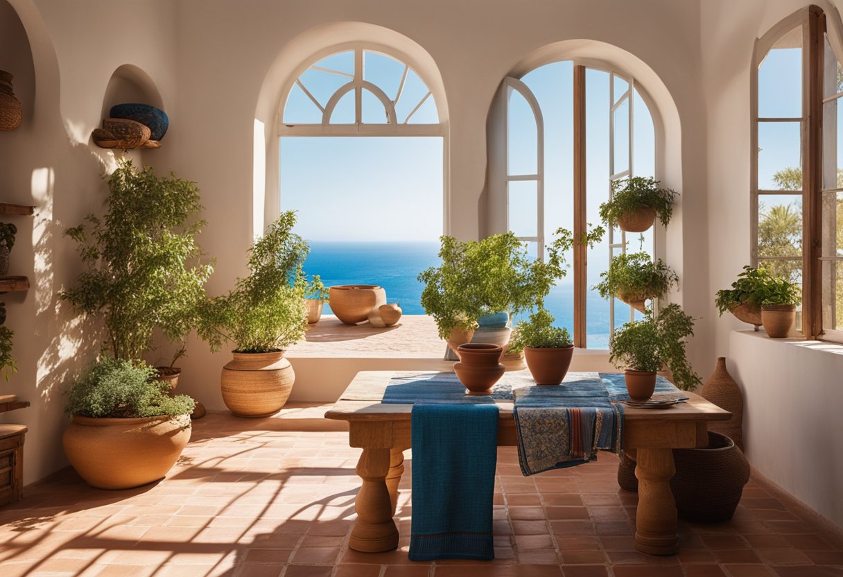 A sunlit room with white walls, terracotta floors, and rustic wooden furniture. Large windows overlook a sparkling blue sea. Brightly colored textiles and pottery add warmth and character to the space