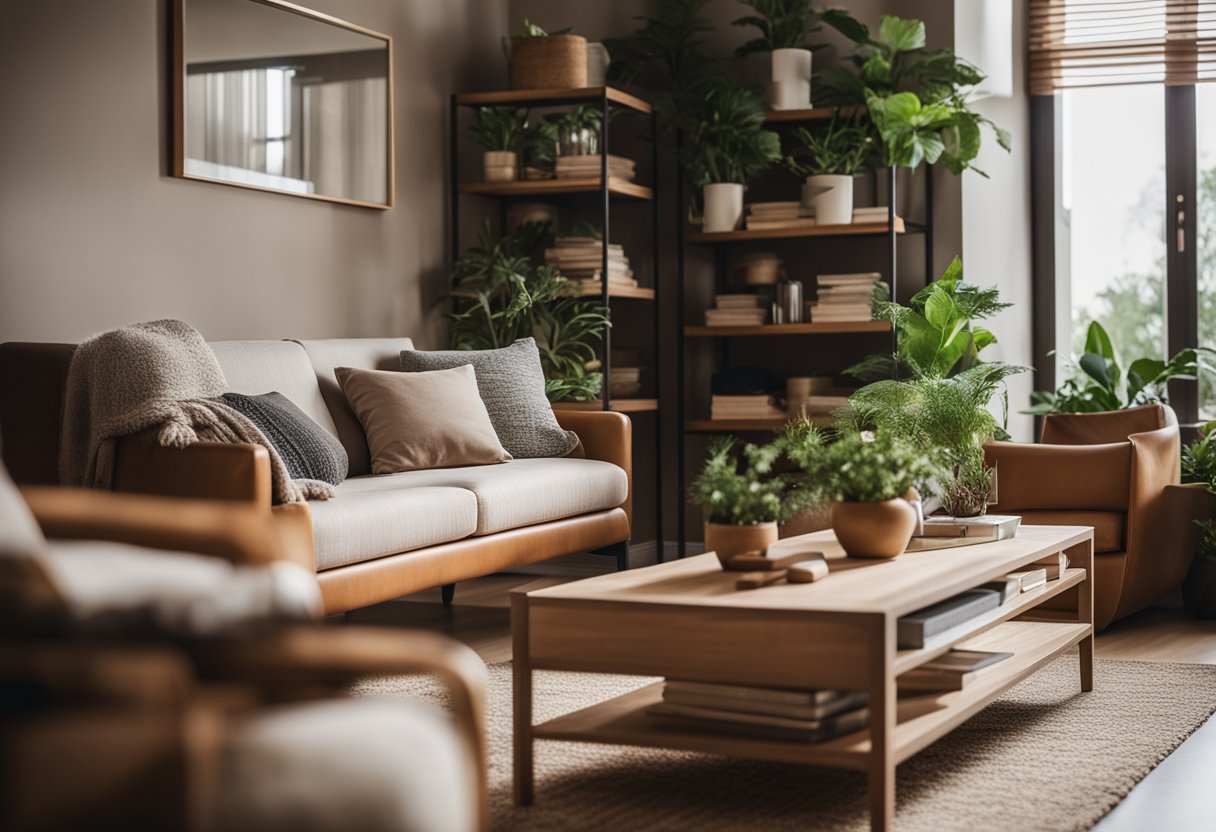 A cozy living room with soft lighting, comfortable furniture, and warm earthy tones. A bookshelf filled with plants and books, and a serene atmosphere